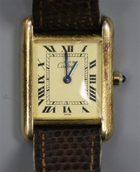 A Must de Cartier ladys silver gilt tank wristwatch on replacement strap, boxed with papers